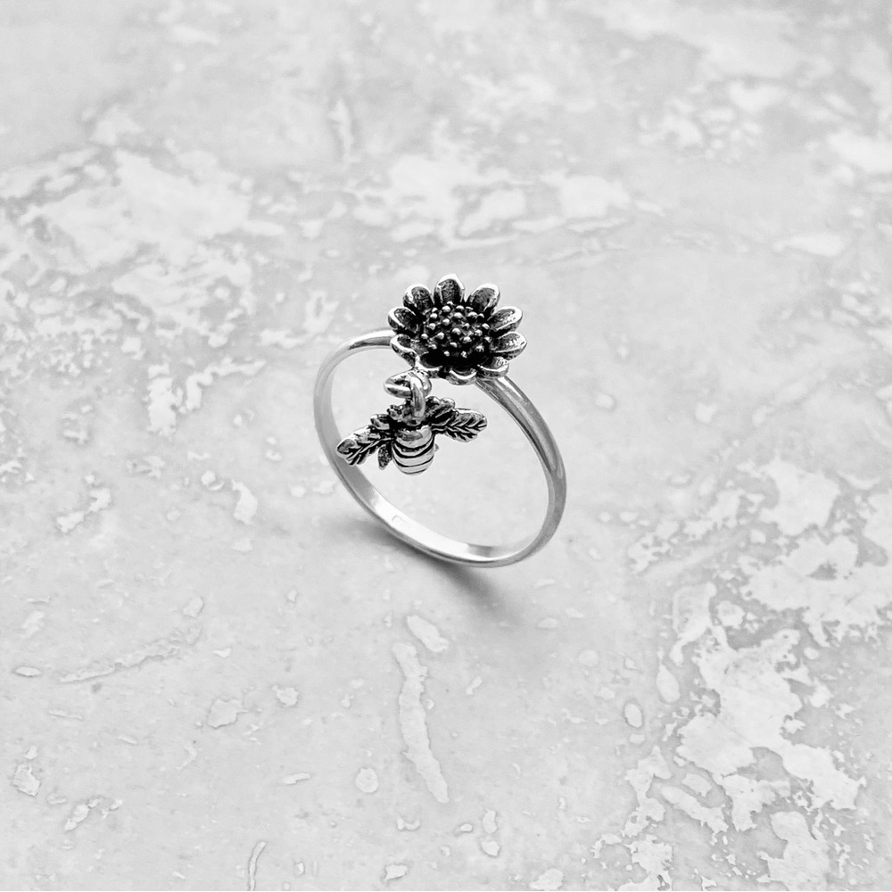 Silver Sunflower And Dangle Bumblebee Ring, Flowe… - image 5
